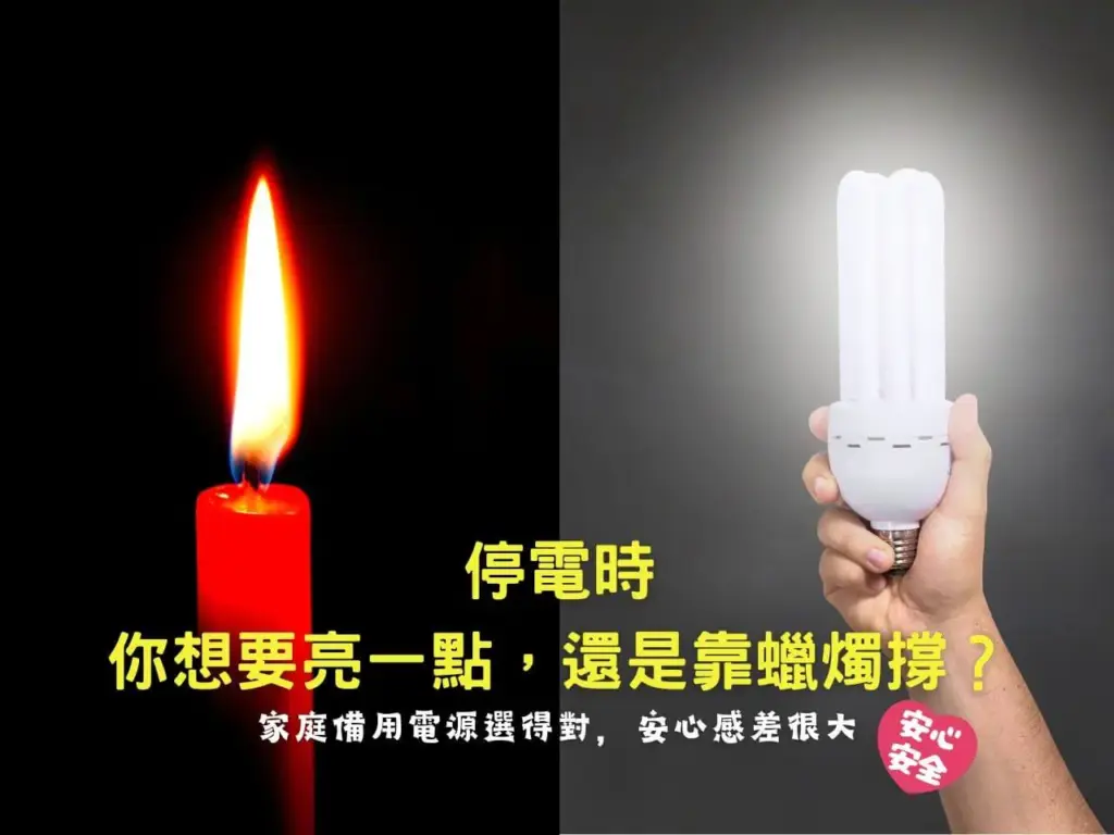 停電時 LED 燈與蠟燭照明對比，象徵家庭備用電源的重要性