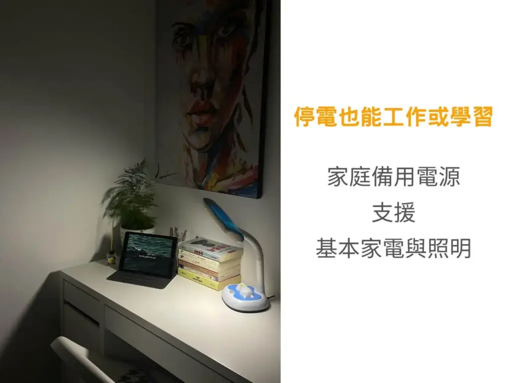 書桌上筆電使用中，桌燈暖白光照亮周圍黑暗，示意家庭備用電源使用場景